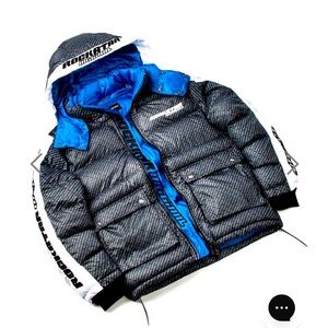 NEW!!! Mens stylish puffer jacket by RockStar Original; sz 2XL; Blk/ Wht/Blue